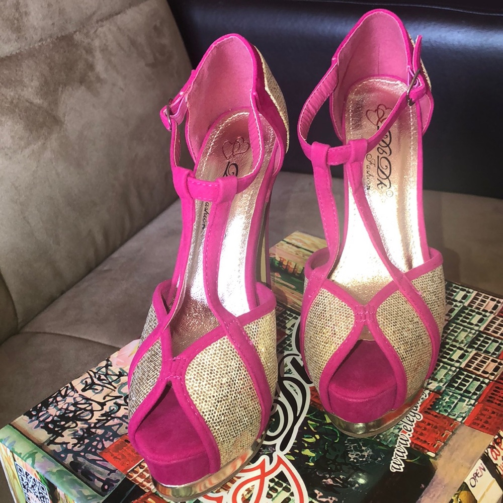 Sexy peep toe high heels Fuchsia & Gold